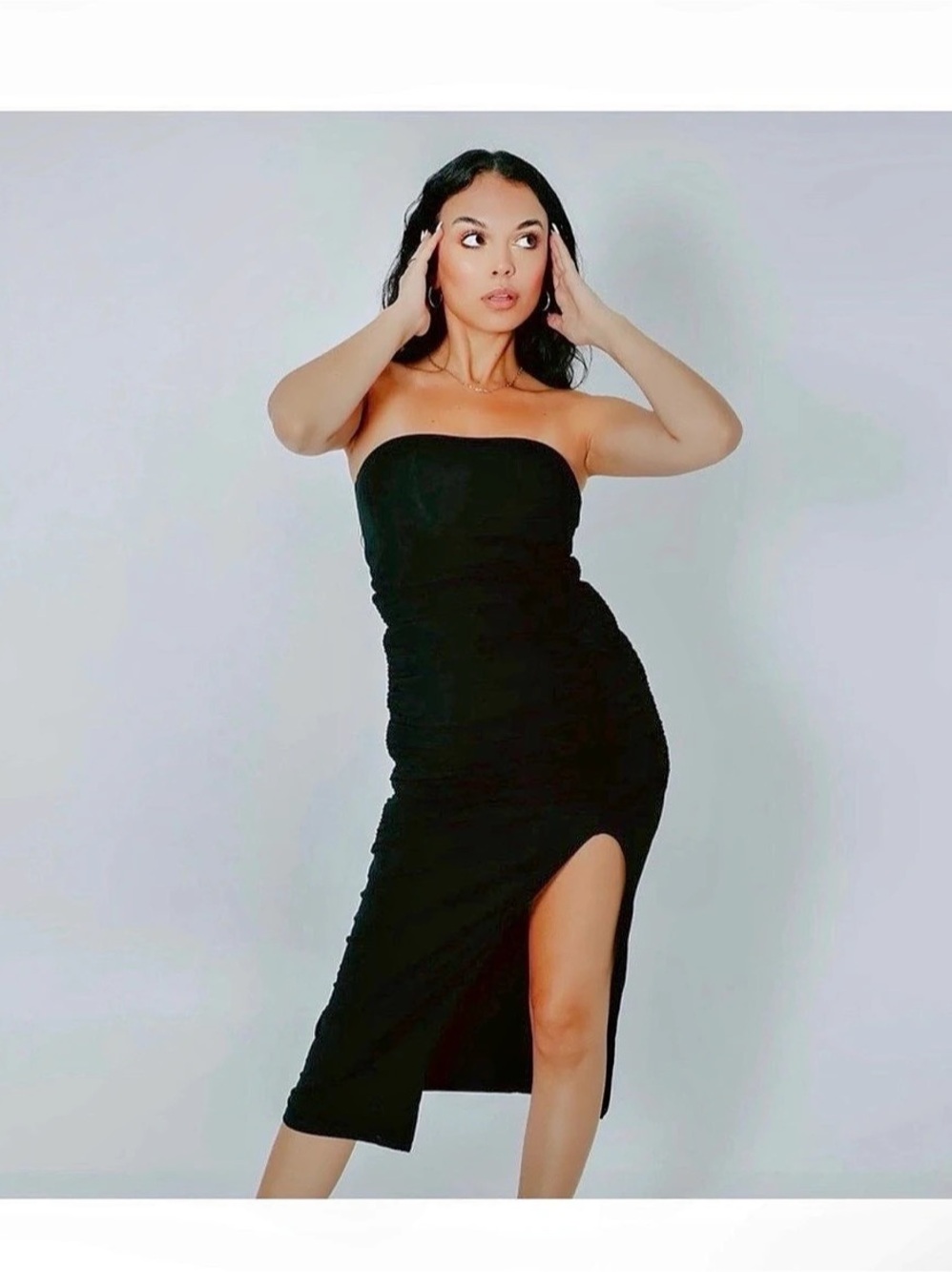 Strapless Ruched Midi Dress in Black Like New